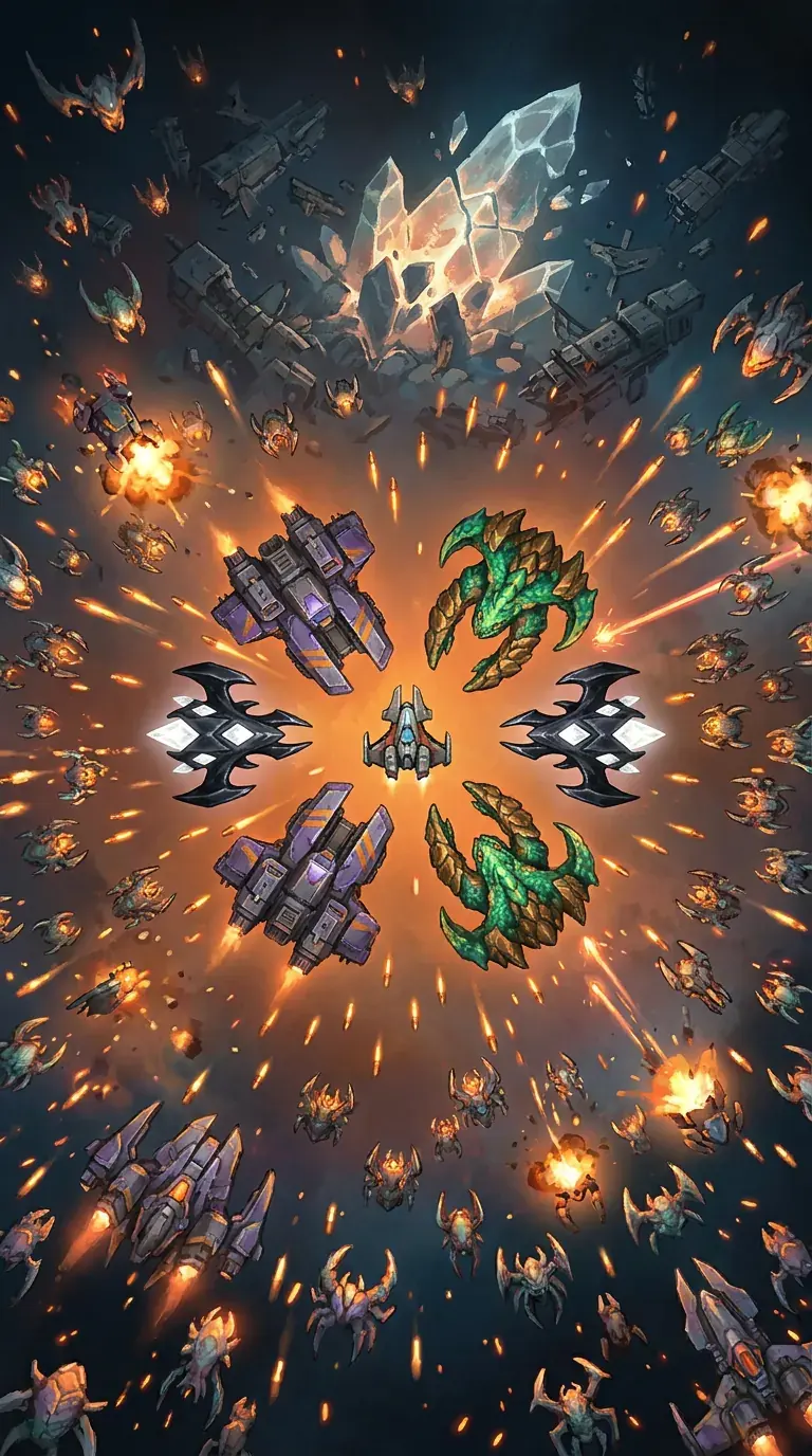Shard War key art: a fleet fighting in burning debris